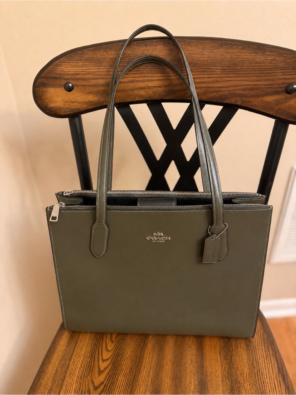 Coach Olive Green Leather Nina Tote with Silver Hardware